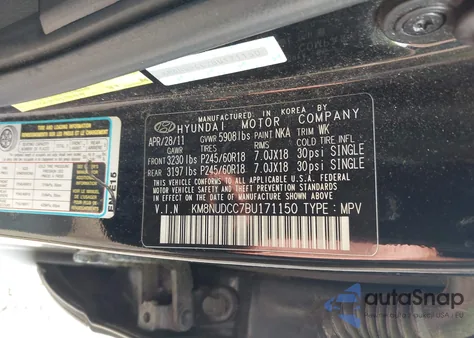 2011 Hyundai Veracruz Limited from USA, damaged, VIN KM8NUDCC7BU171150